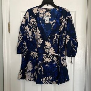 NWT Floral Wrap Blouse in Navy and Cream
